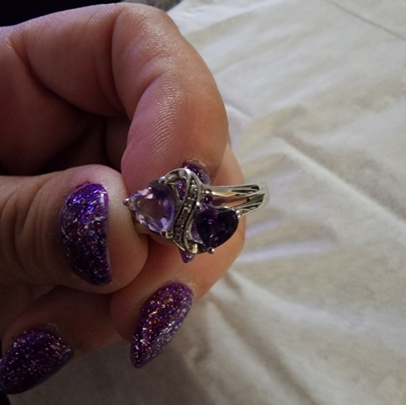 Sterling Silver 5 & 6 MM Double Heart Amathyst And Diamond Ring Size 6 - Picture 2 of 5